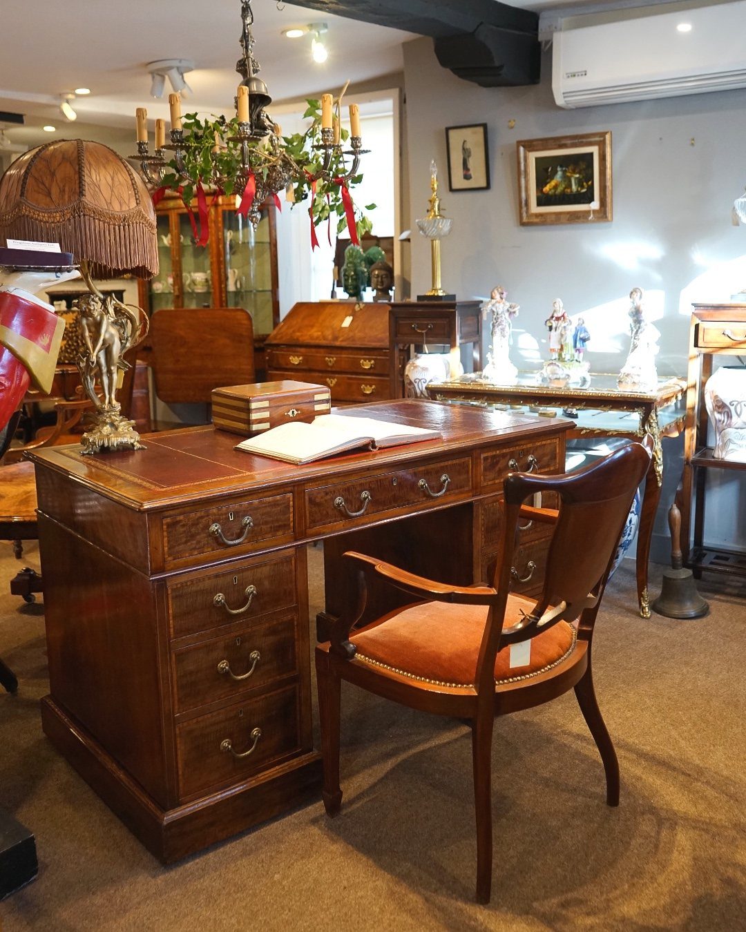 Antique Victorian leather top desk with gold tooling and matching wooden chair