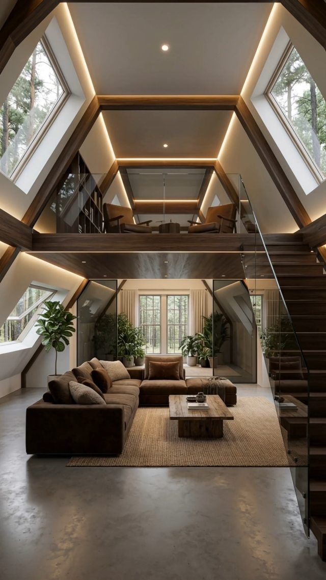 Modern loft interior with steep sloped ceilings, skylights, and a mezzanine level.