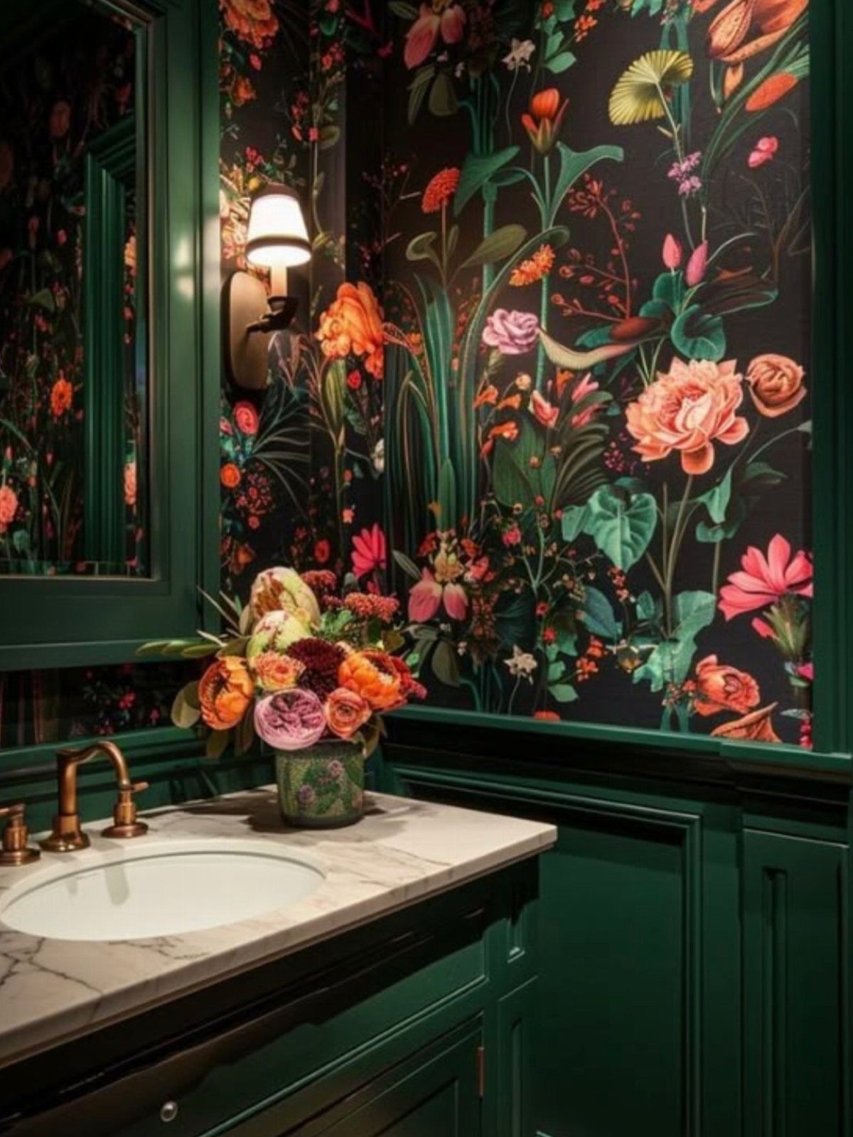 Dark floral wallpaper in a bathroom with a green vanity and marble top.