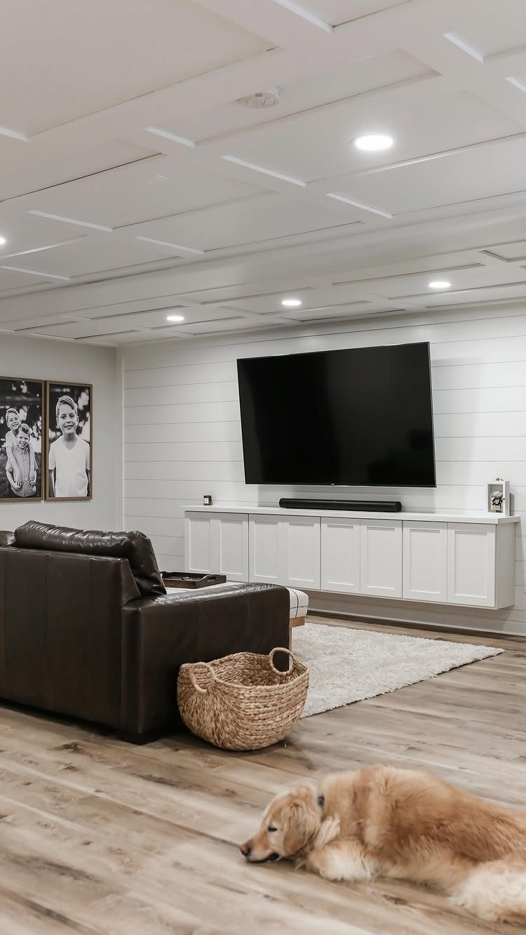 White coffered ceiling with recessed lights in a modern living room with a dog.