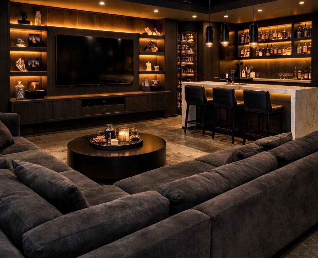 Modern basement lounge with a white marble bar, black stools, and backlit shelving.