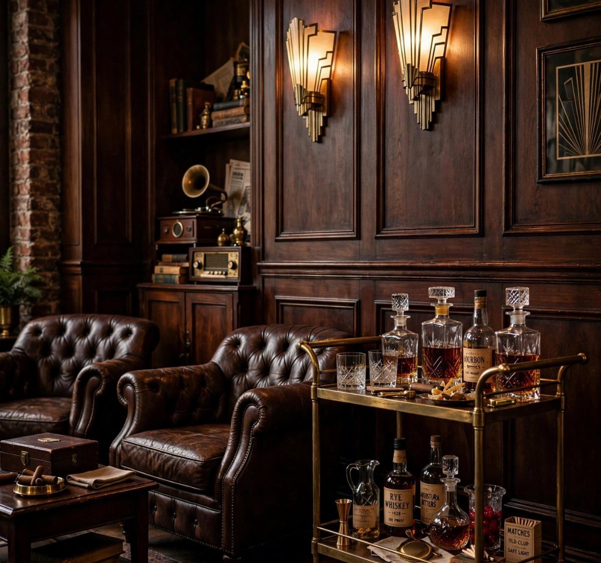 Vintage lounge with leather armchairs, dark wood paneling, and a gold liquor cart.