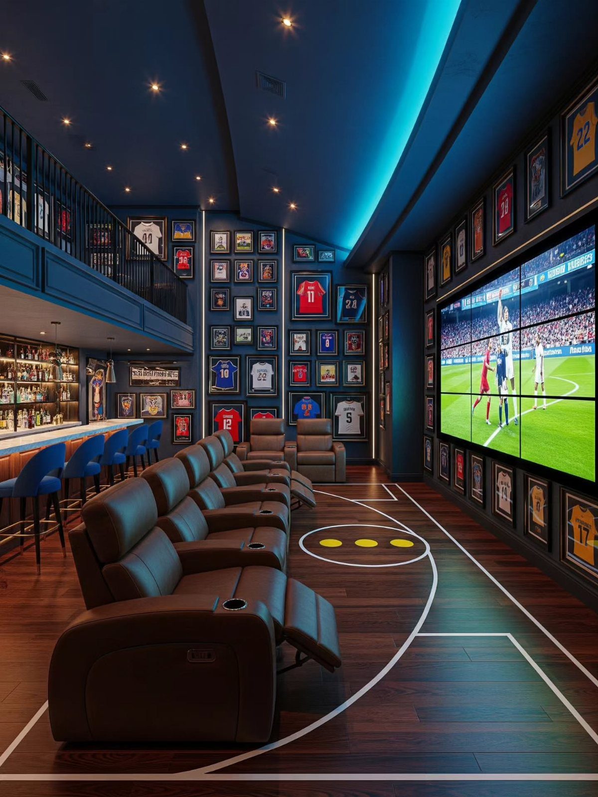 Luxury basement sports bar with leather recliners, blue bar stools, and sports memorabilia.
