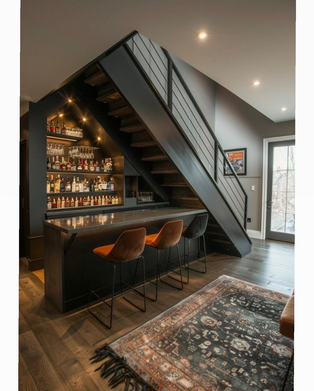 Home bar with liquor bottles built under a black metal staircase with stools.