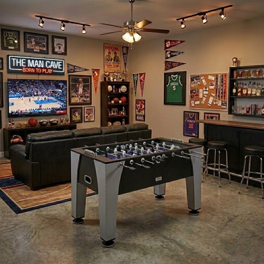Foosball table in a sports-themed man cave with a leather sofa and bar.