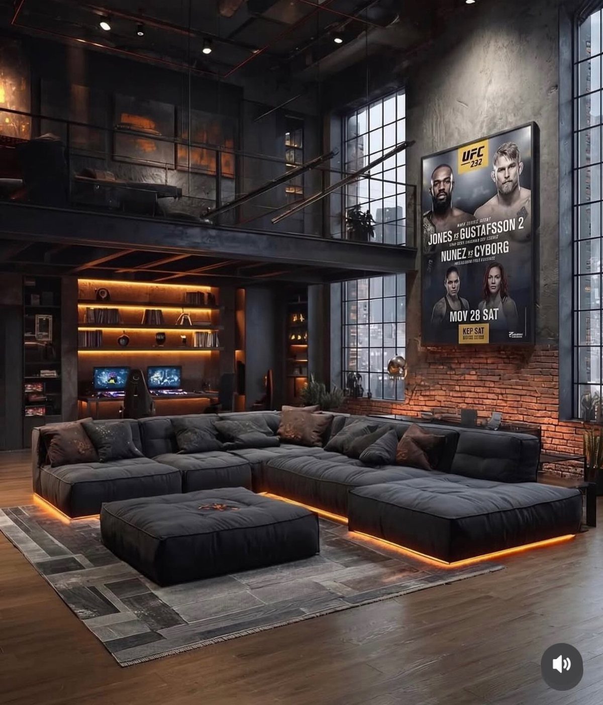 Modern industrial man cave with a large black sectional sofa and UFC poster.