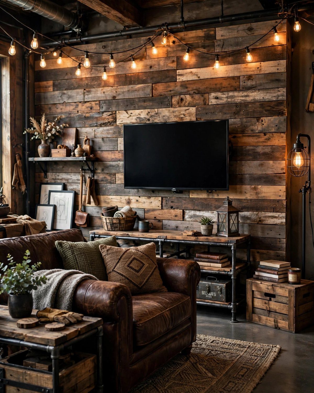 Reclaimed wood plank wall with a leather armchair and industrial style decor.