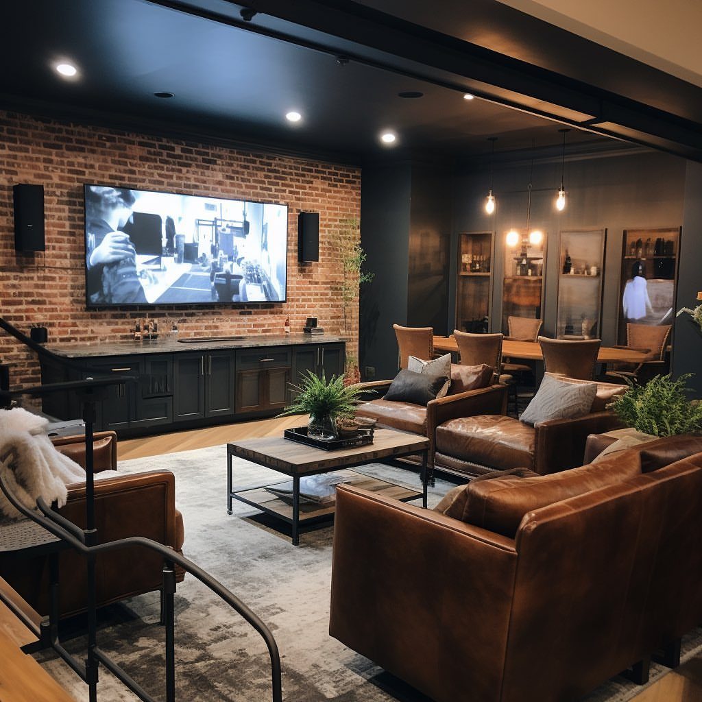 Brown leather armchairs and a wooden coffee table in a rustic basement lounge.