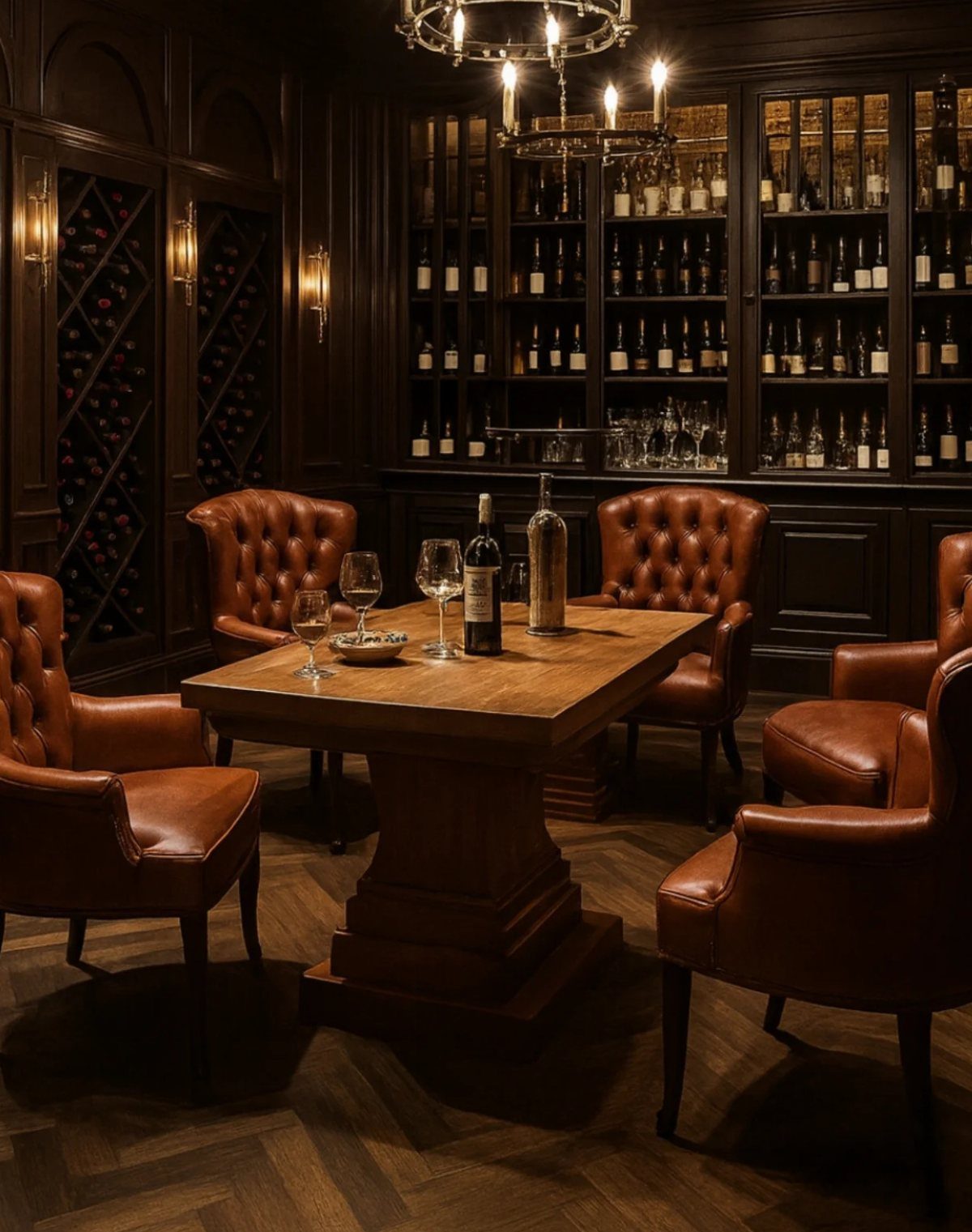 Luxurious man cave with leather chairs, wooden table, and extensive wine cellar walls.