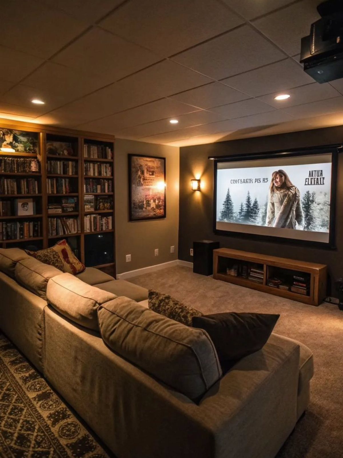 Basement home theater with a large projection screen, tan sectional, and bookshelves.