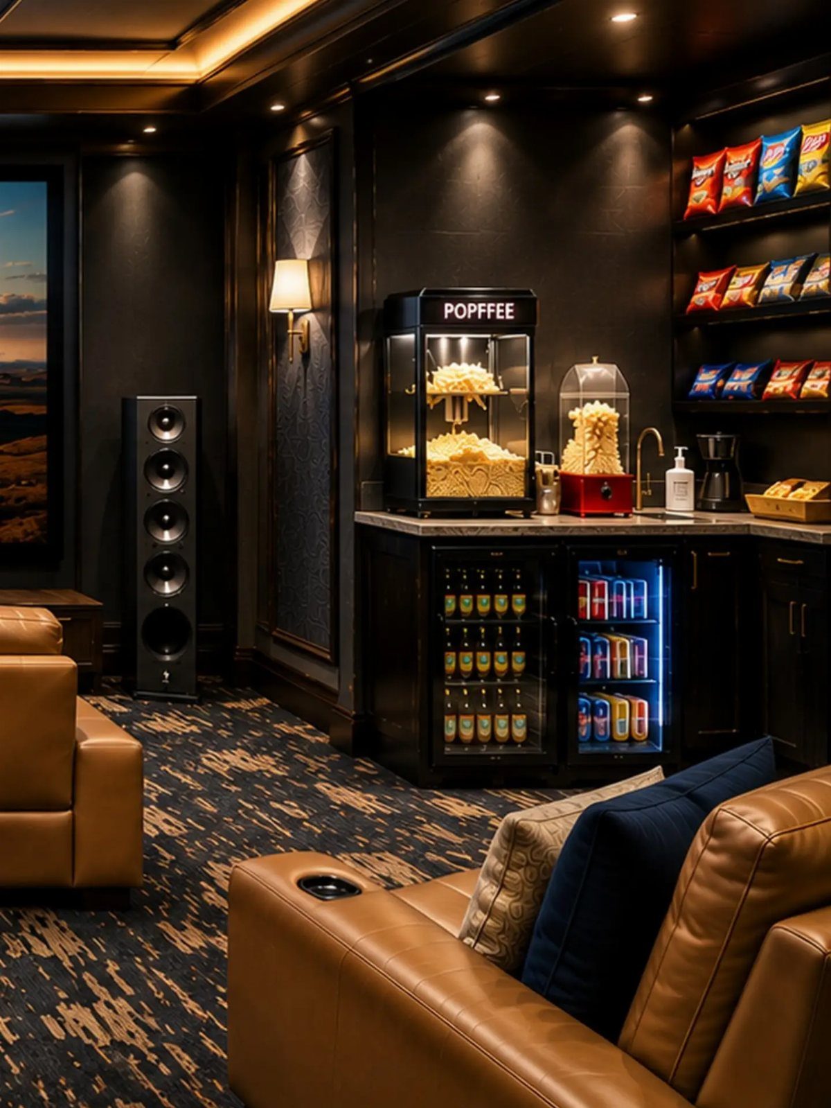Home theater snack station with popcorn machine, beverage coolers, and chip shelves.