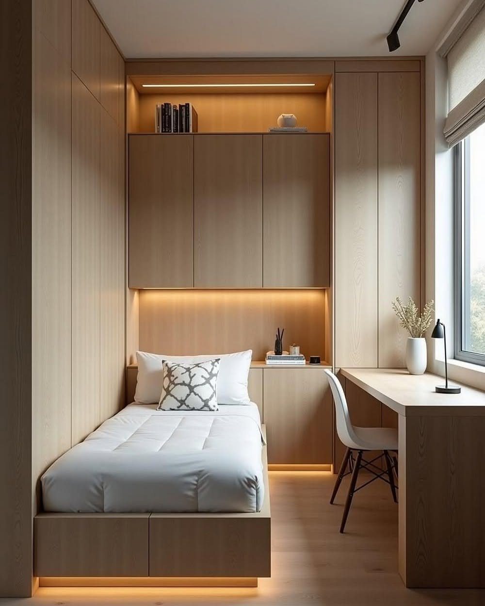 Single bed and built-in wooden desk in a compact, modern light wood bedroom.
