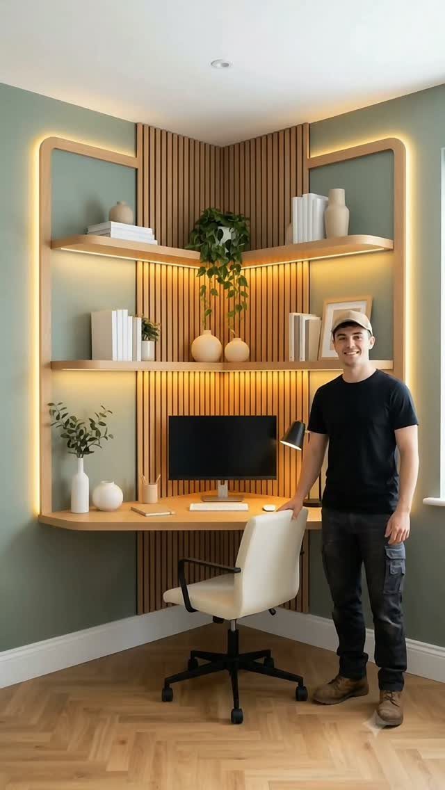 Man standing by a modern light-wood corner desk with integrated shelves and LED lighting.