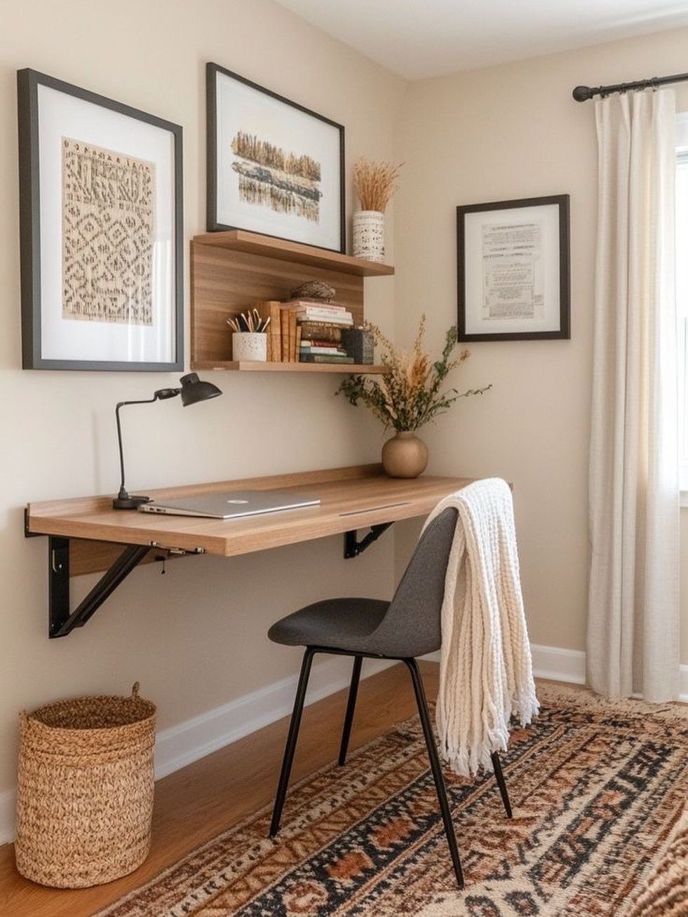Floating wood desk with black brackets, grey chair, and framed wall art.