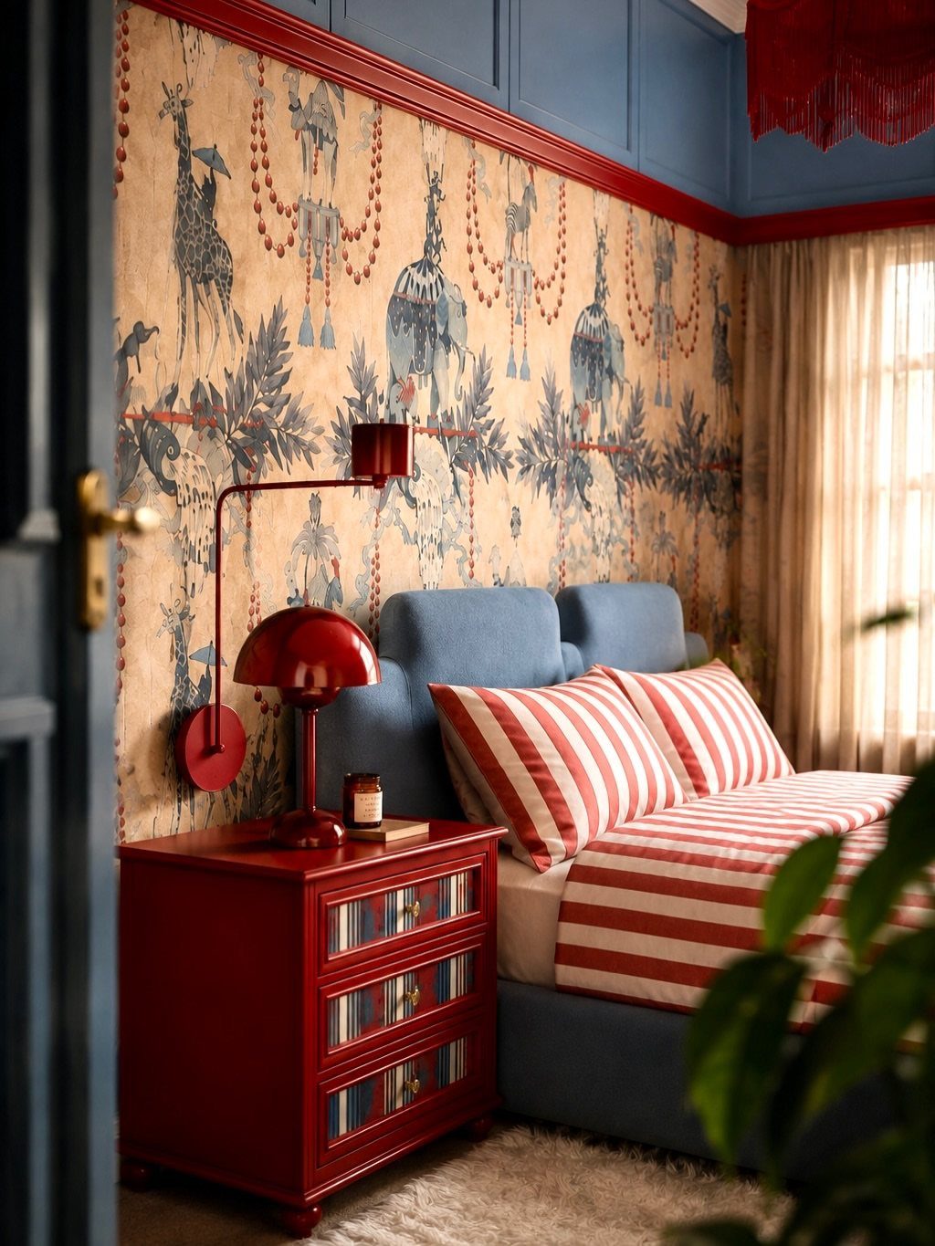 Bedroom with red and blue color blocking, giraffe wallpaper, and striped bedding.