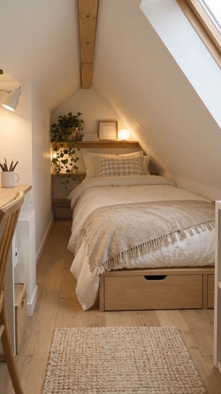 Attic bedroom featuring a single bed and adjacent workspace under a sloped ceiling.