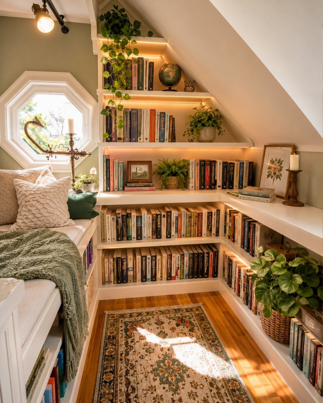 Built-in white bookshelves filled with books and plants in a sloped attic room.