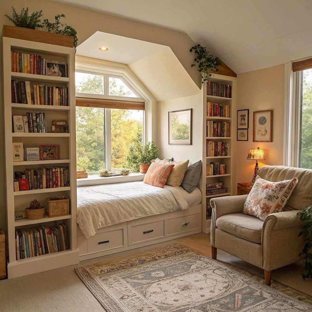 Built-in window seat daybed with storage drawers between two white bookshelves in attic.