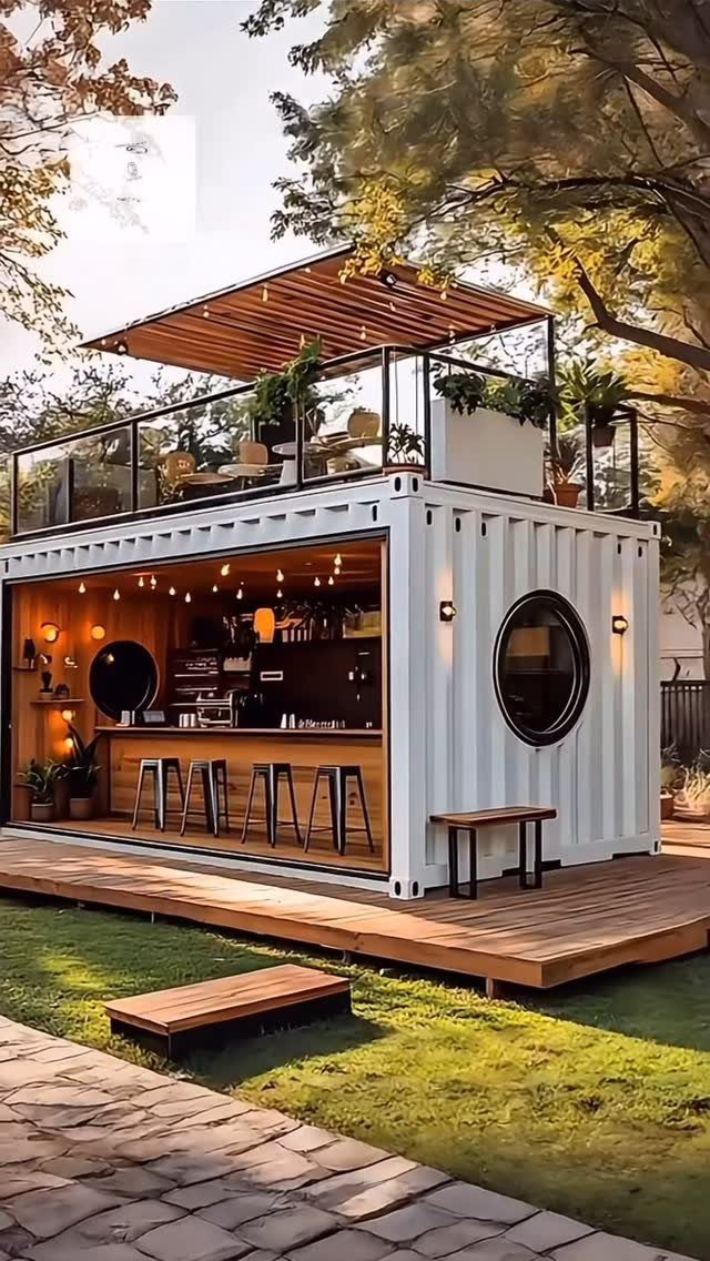 Converted shipping container bar with a rooftop deck and wooden interior in a garden