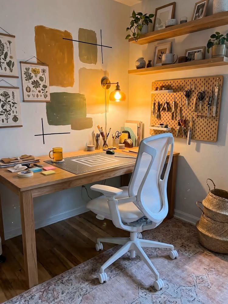 Home office desk with a white wall featuring abstract paint and a pegboard.
