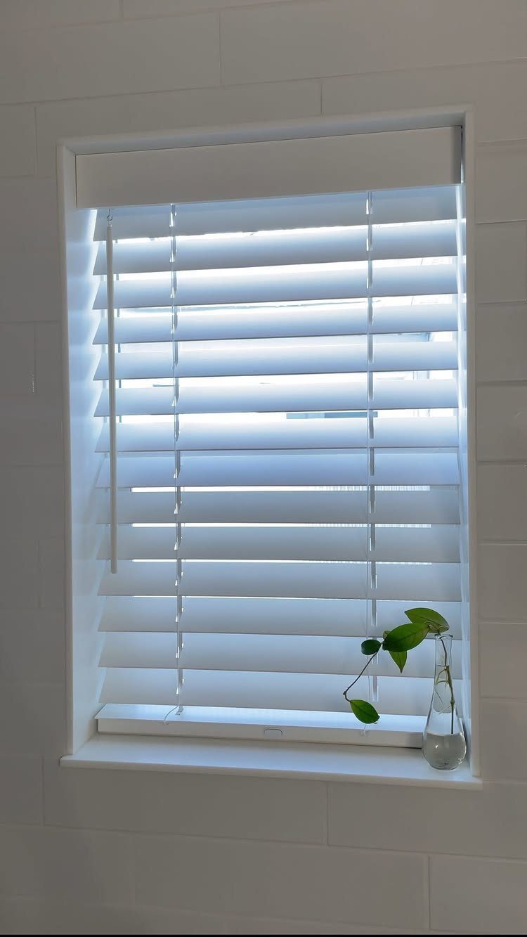 White horizontal blinds on a window with a small plant on the sill