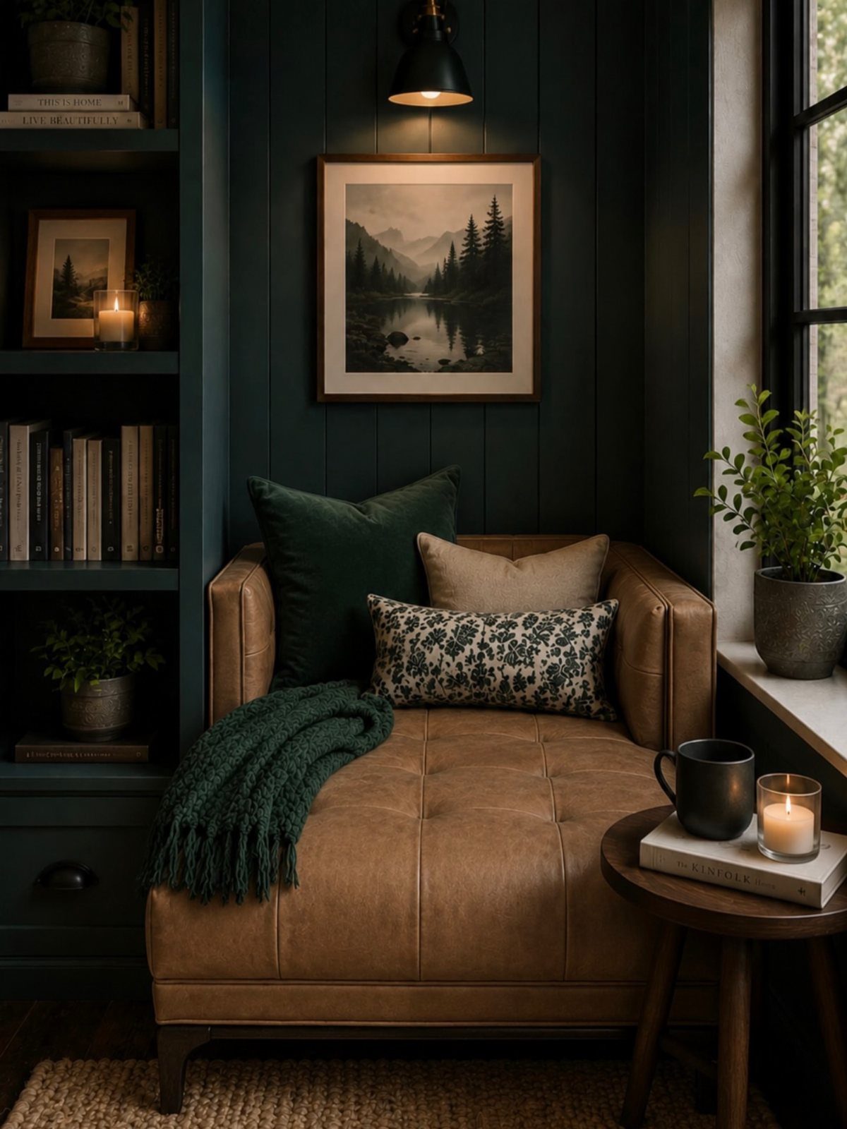 Brown leather chaise lounge in a dark green room with cozy pillows and blankets.