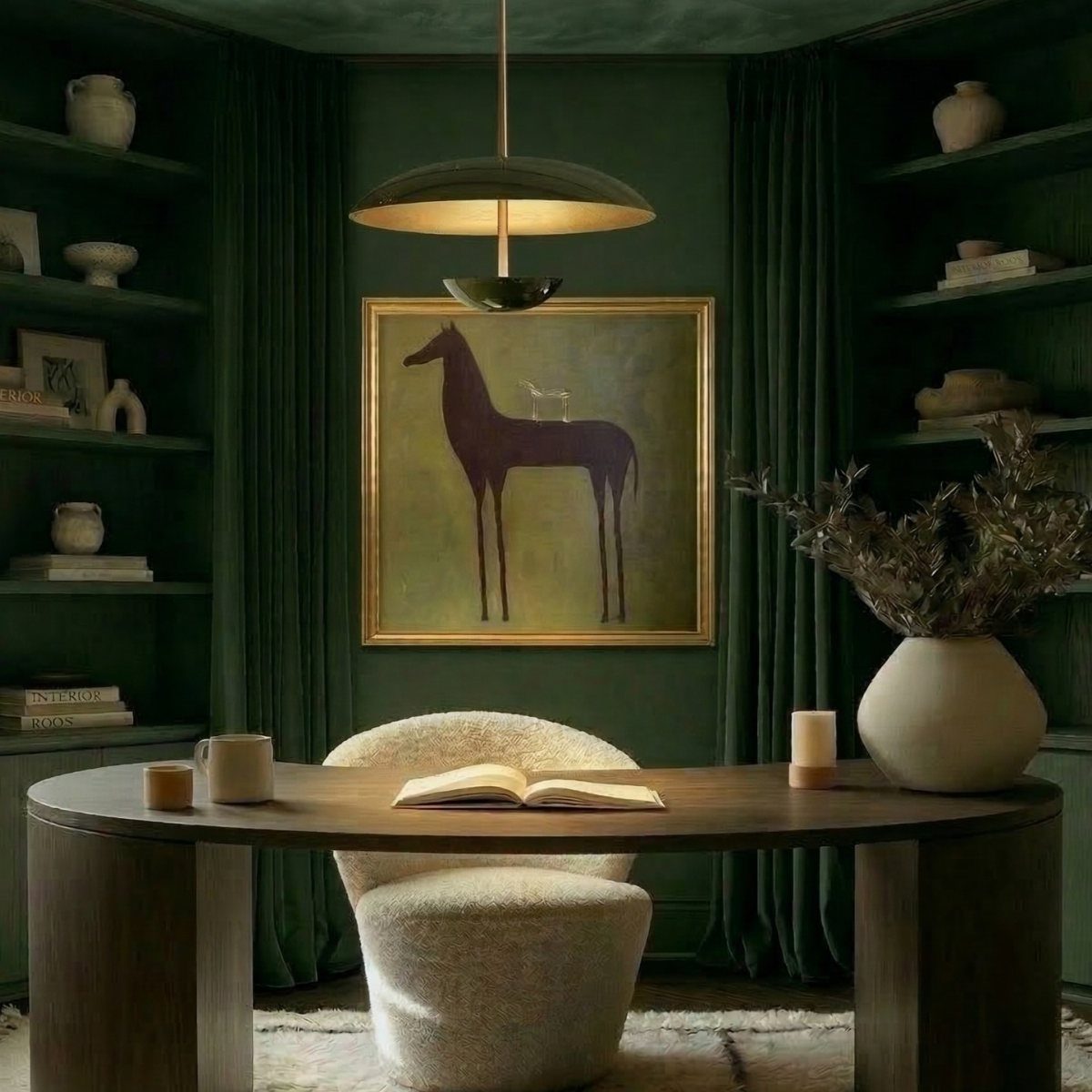 Dark green office with a curved wooden desk, cream chair, and matching green walls.