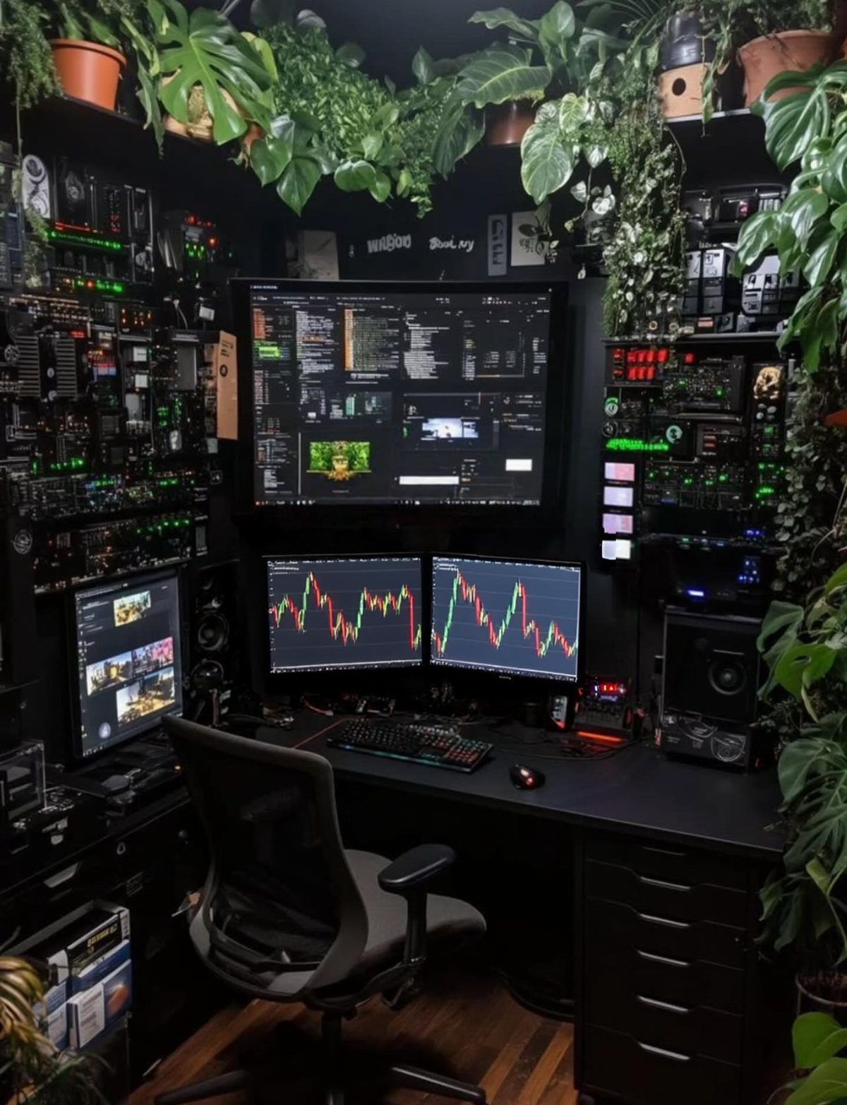 Dark home office with multiple monitors surrounded by hanging green plants and vines.