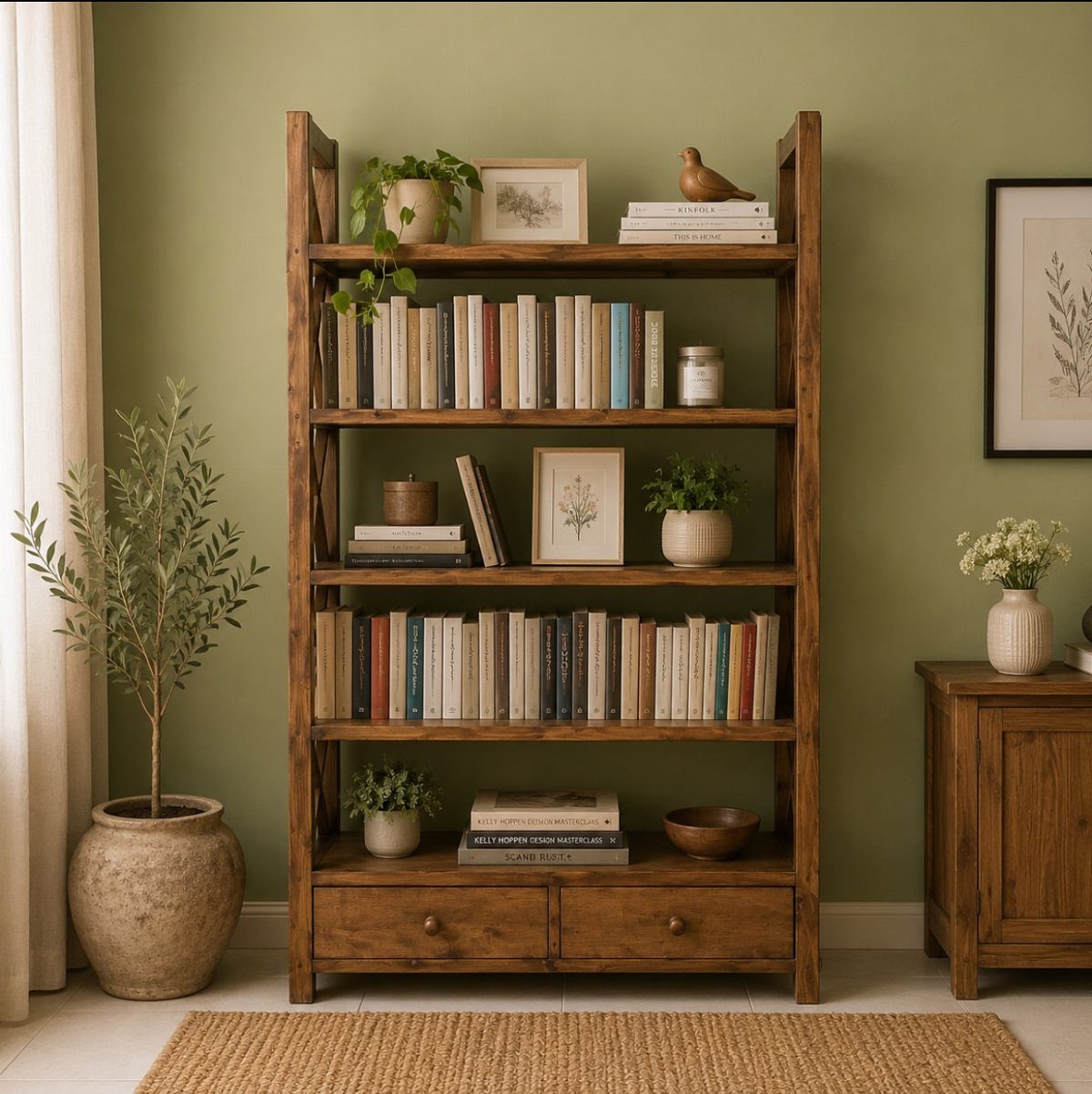 Wooden bookcase with books and plants against a sage green wall.
