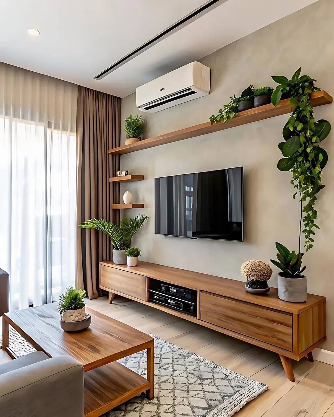 Wall-mounted TV with a long wooden floating shelf holding green potted plants above it.