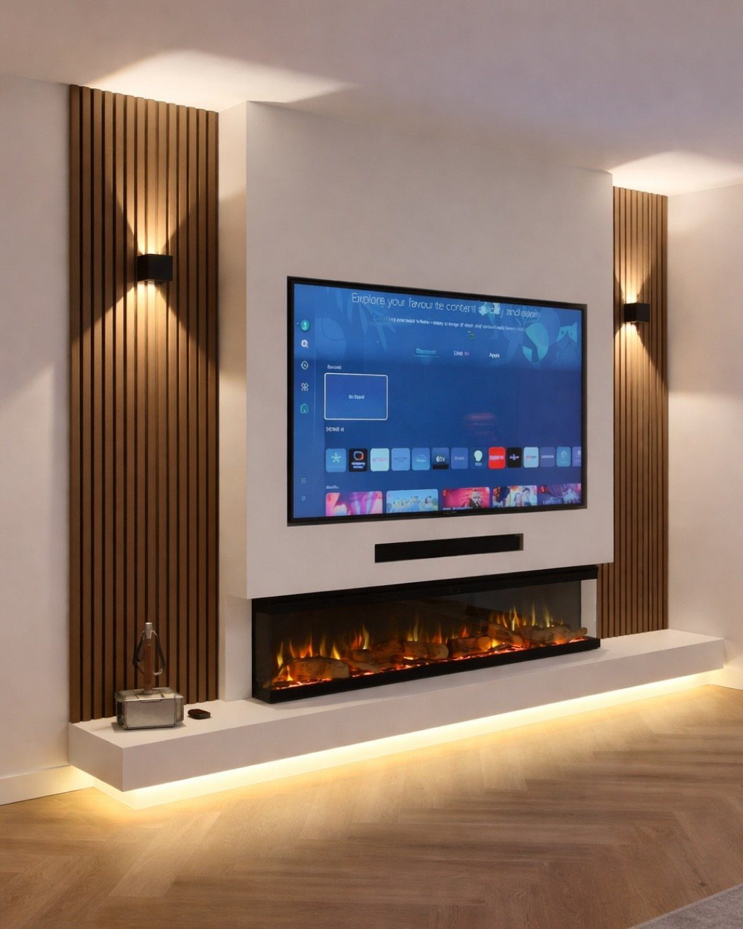 Modern entertainment wall with a mounted TV above a linear electric fireplace.