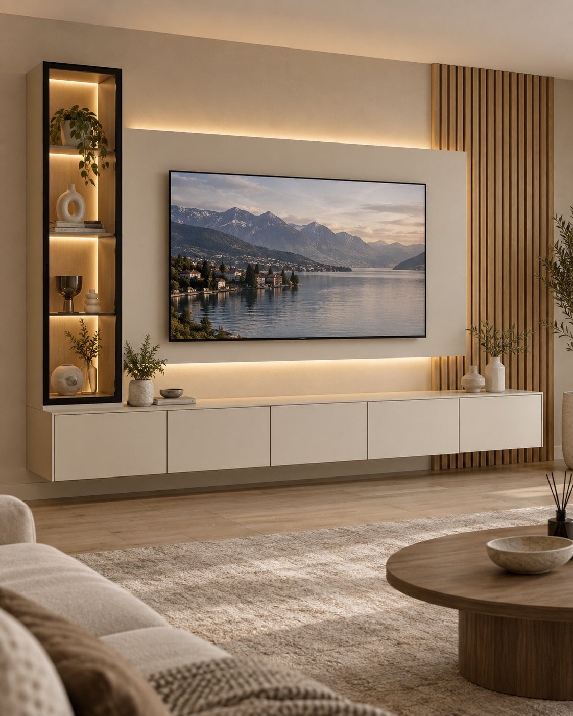Modern living room with a wall-mounted TV, white floating cabinet, and illuminated shelving unit.