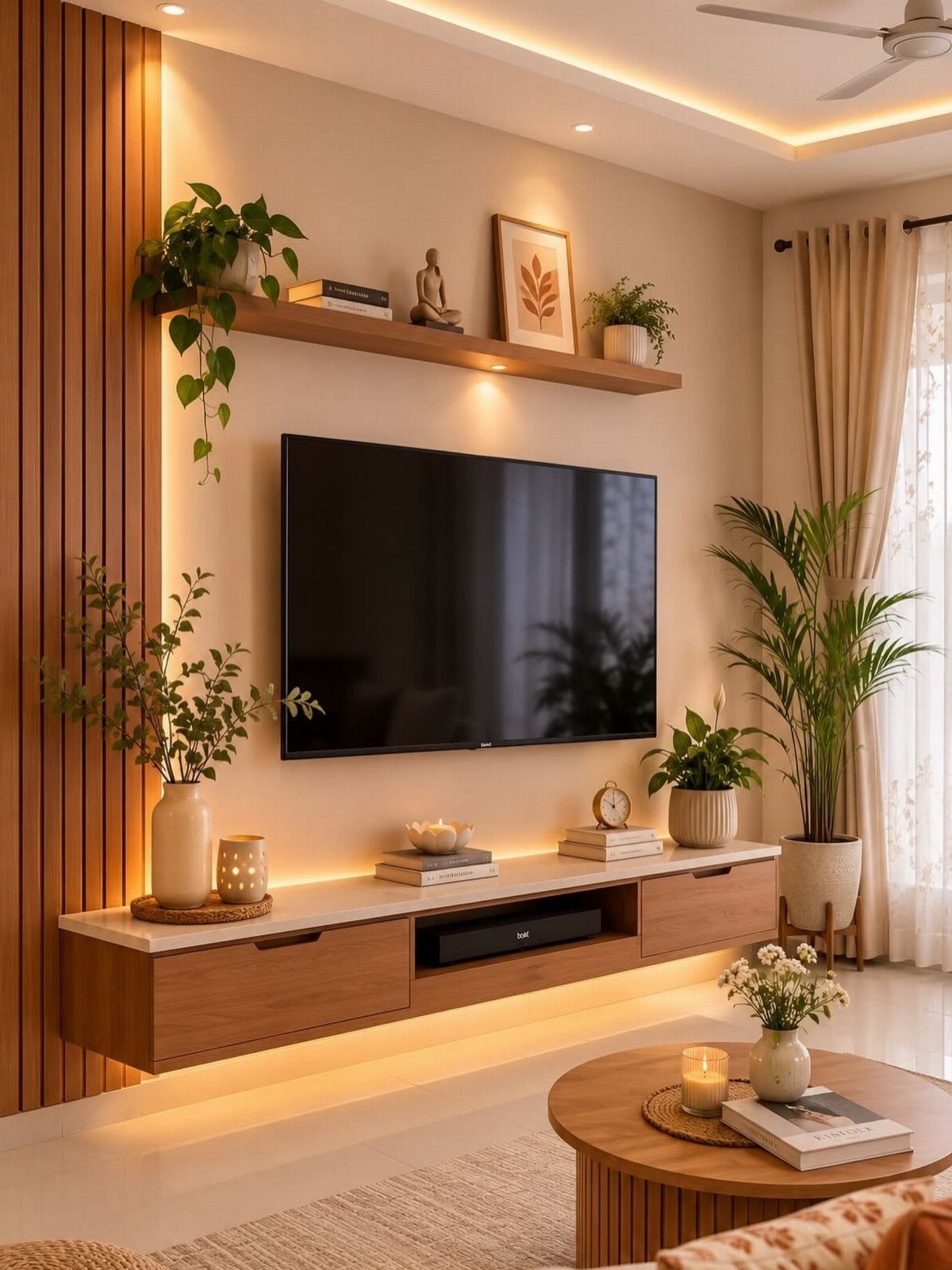 Wall-mounted TV surrounded by floating wooden shelves, potted plants, and decorative home accessories.