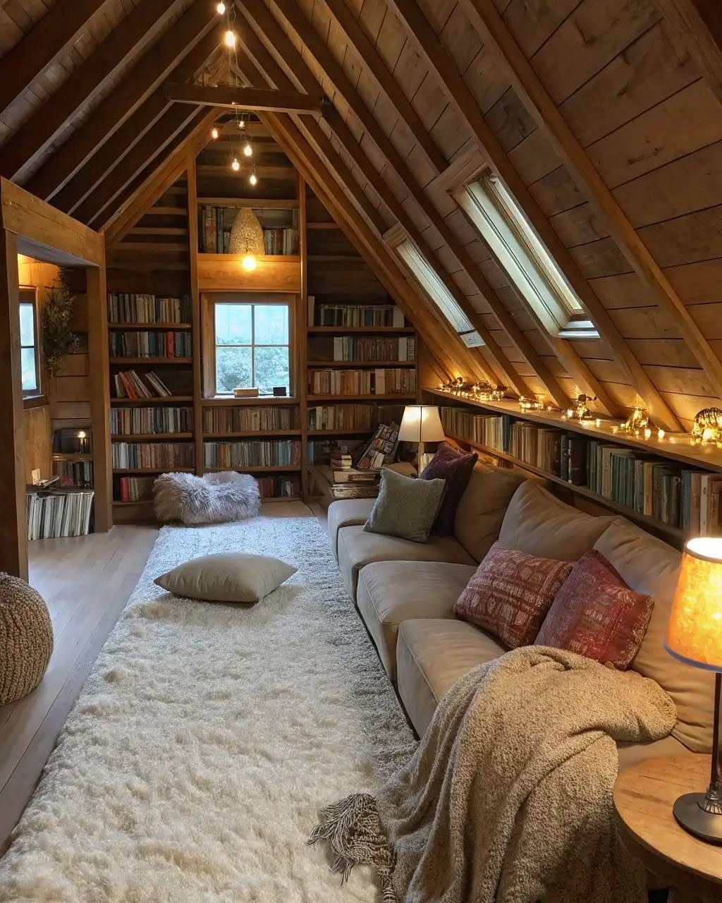 Cozy attic reading nook with wooden walls, tan sofa, and built-in bookshelves.