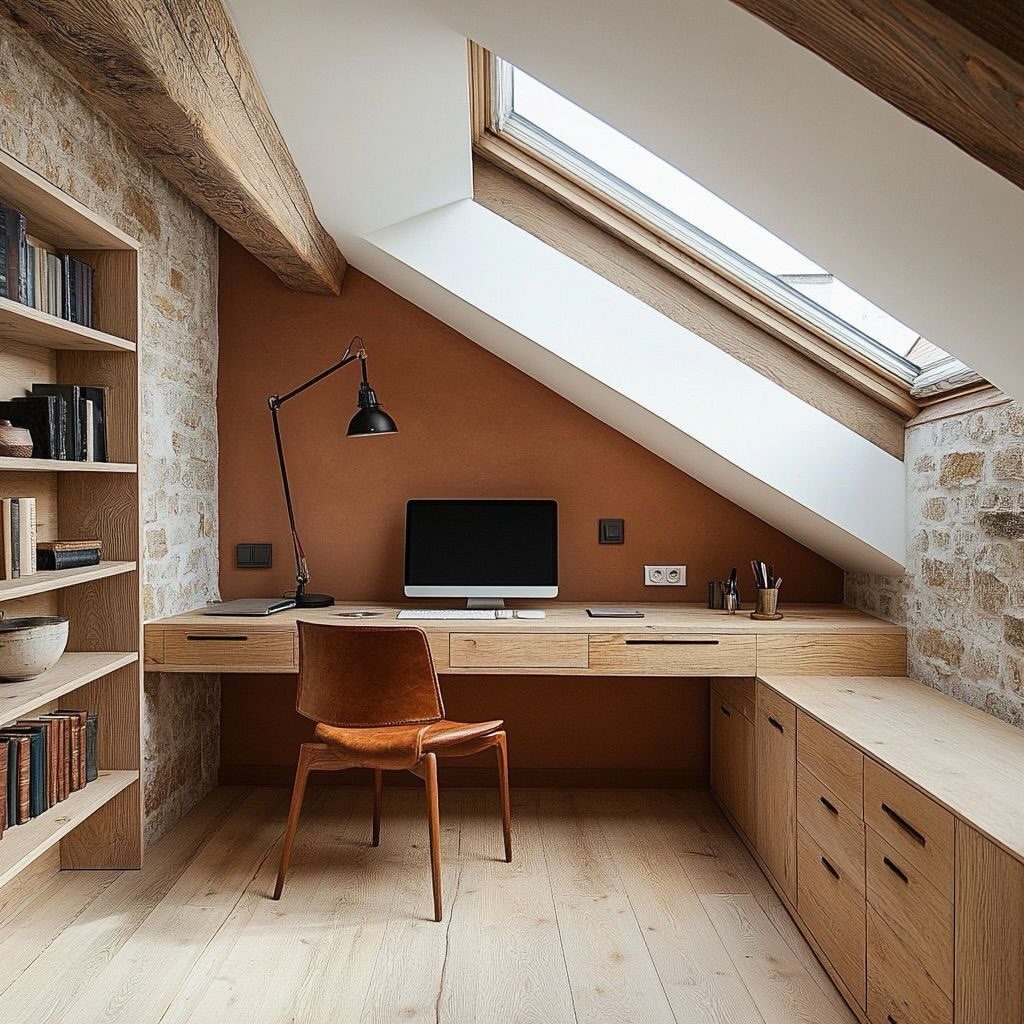 Attic home office with built-in wooden desk, leather chair, and large skylight window.