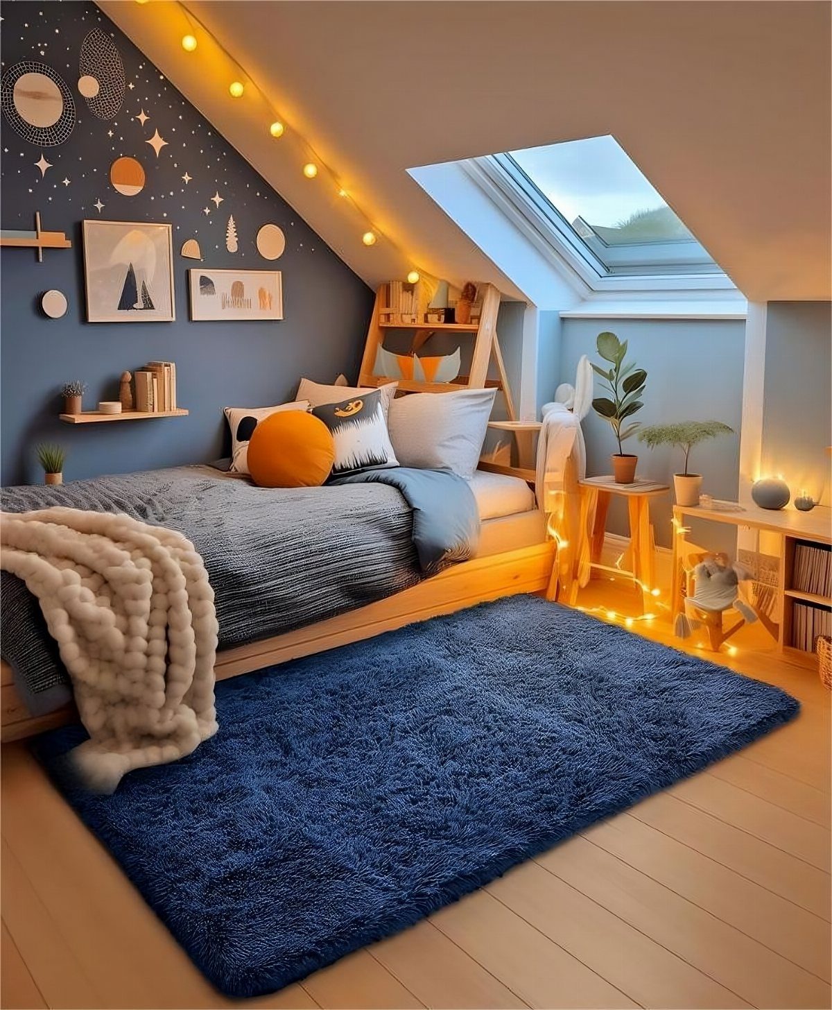 Cozy attic bedroom with a blue accent wall, skylight, and warm string lights.