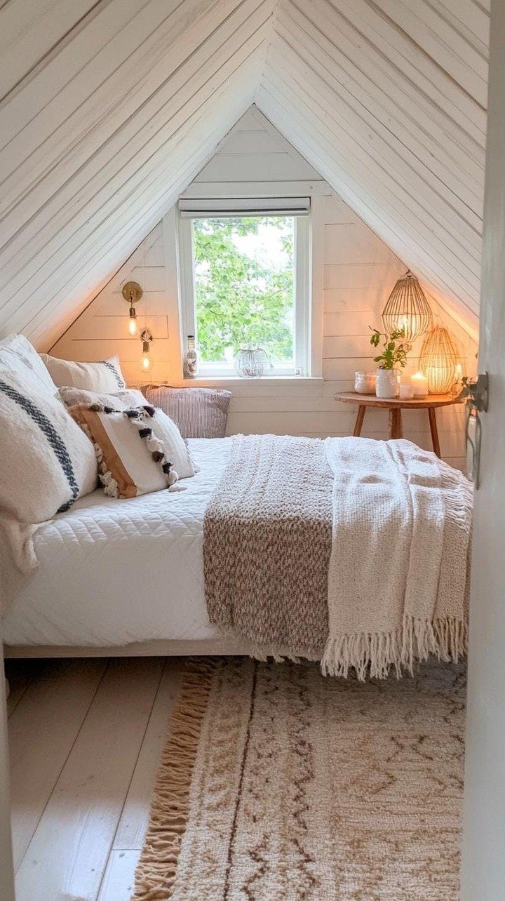 Cozy attic bedroom with white wood-paneled ceilings, white bedding, and a textured rug.
