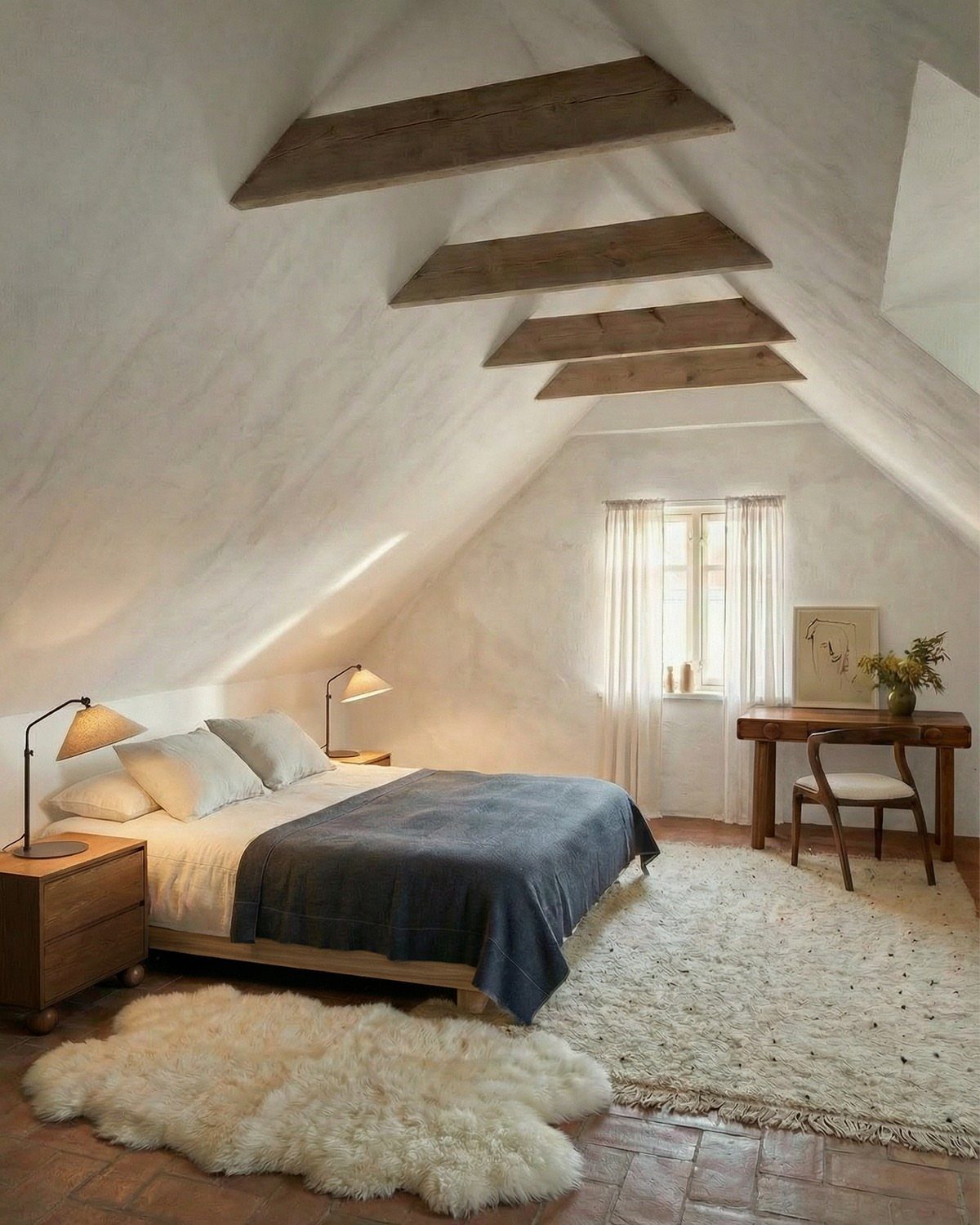 Finished attic bedroom with white plastered walls, wooden ceiling beams, and cozy furnishings.