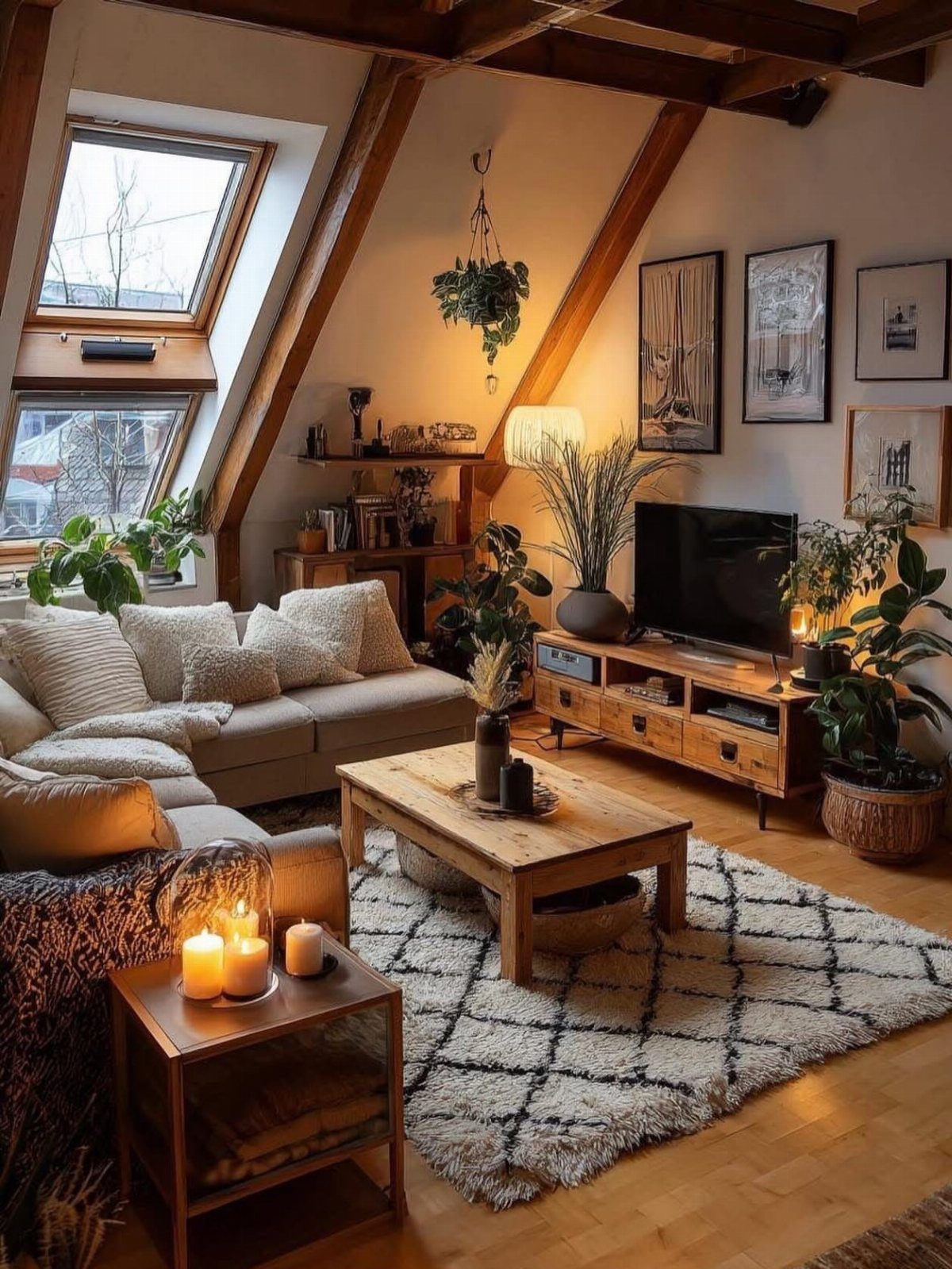 Attic living room with exposed wood beams, beige sofa, and various green indoor plants.