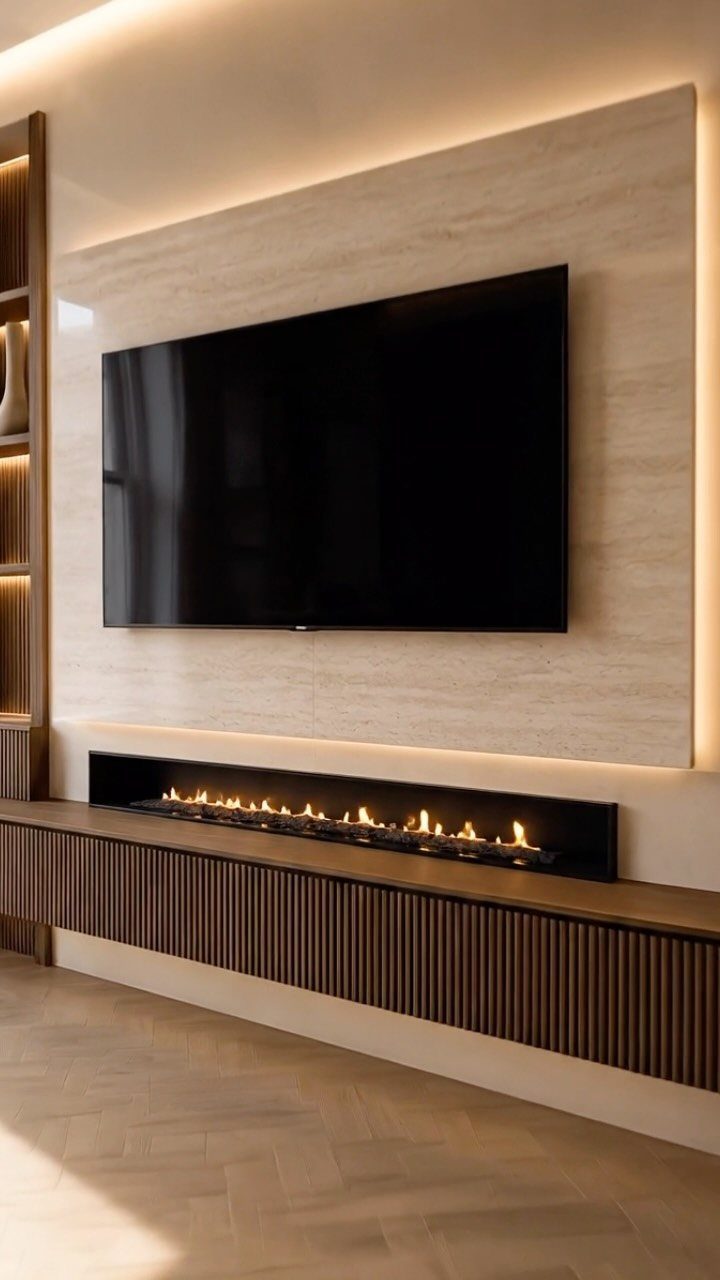 Linear electric fireplace and wall-mounted TV on a light stone accent wall