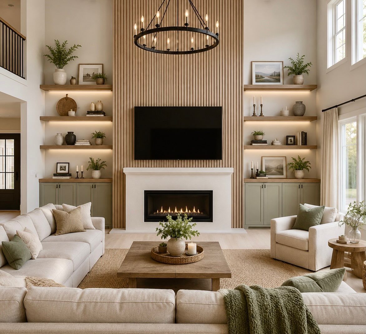 White fireplace with a television mounted above on a wood slat accent wall.