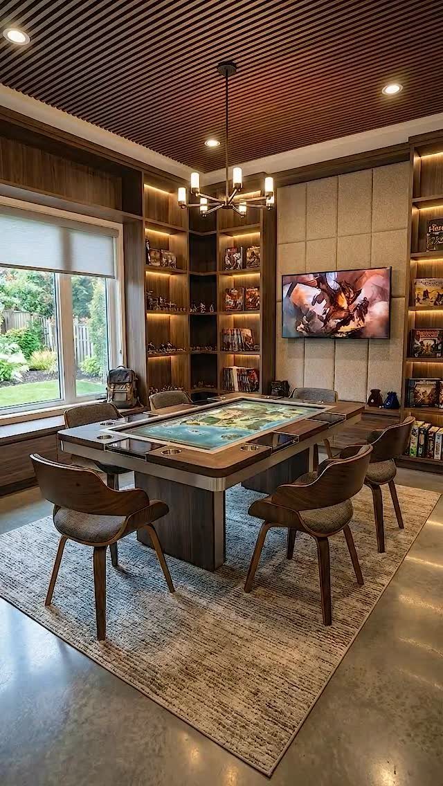 Modern adult game room with digital gaming table, wooden chairs, and built-in shelving.