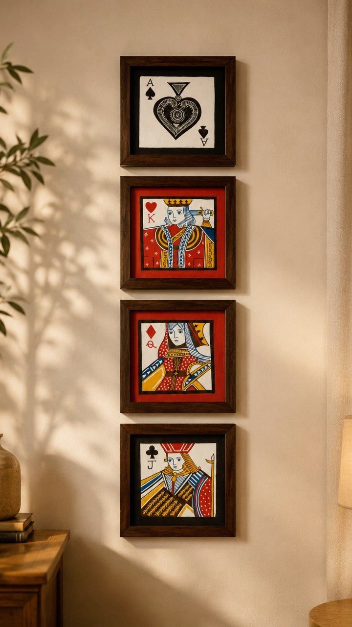 Four framed playing card art pieces hanging vertically on a neutral wall.