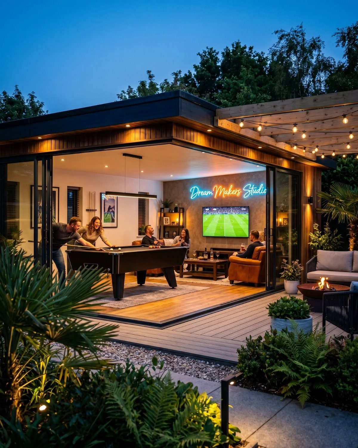 Modern outdoor gaming shed with pool table, lounge area, and neon sign at dusk