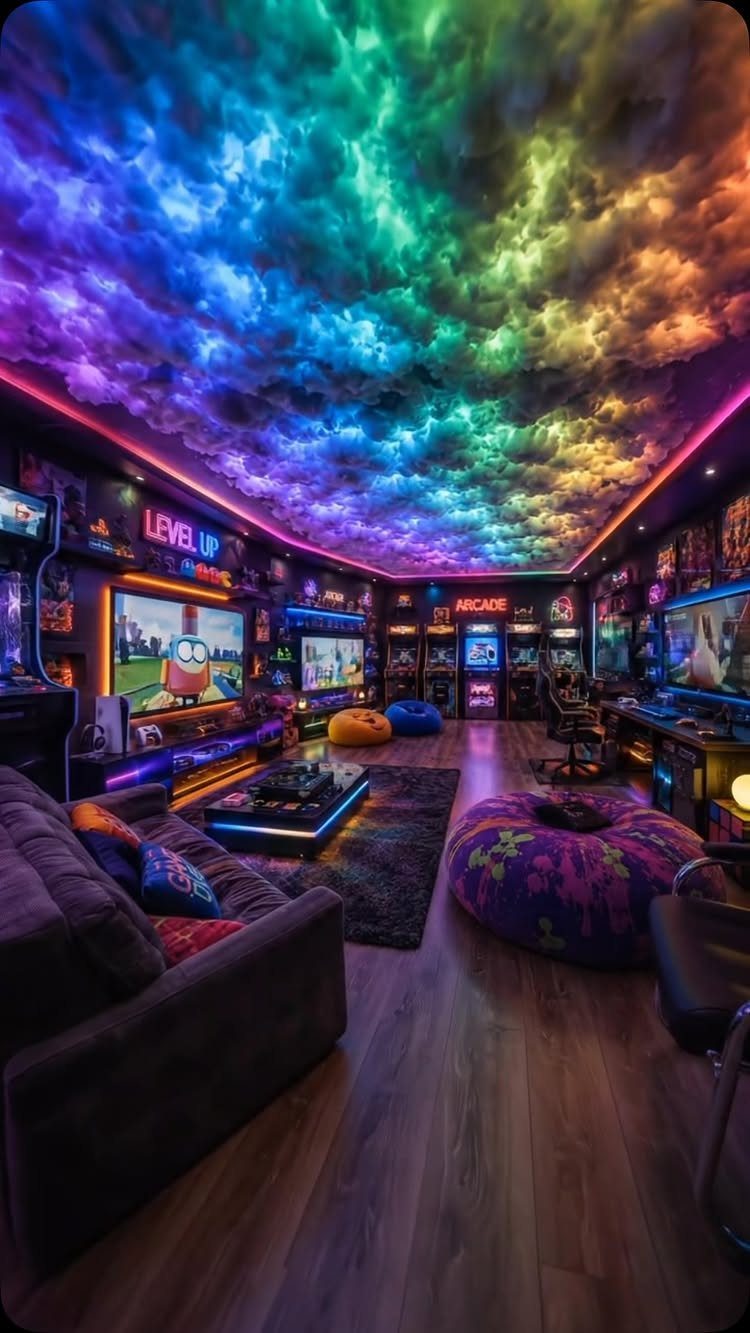 Adult game room with rainbow cloud ceiling, neon lights, and gaming stations.