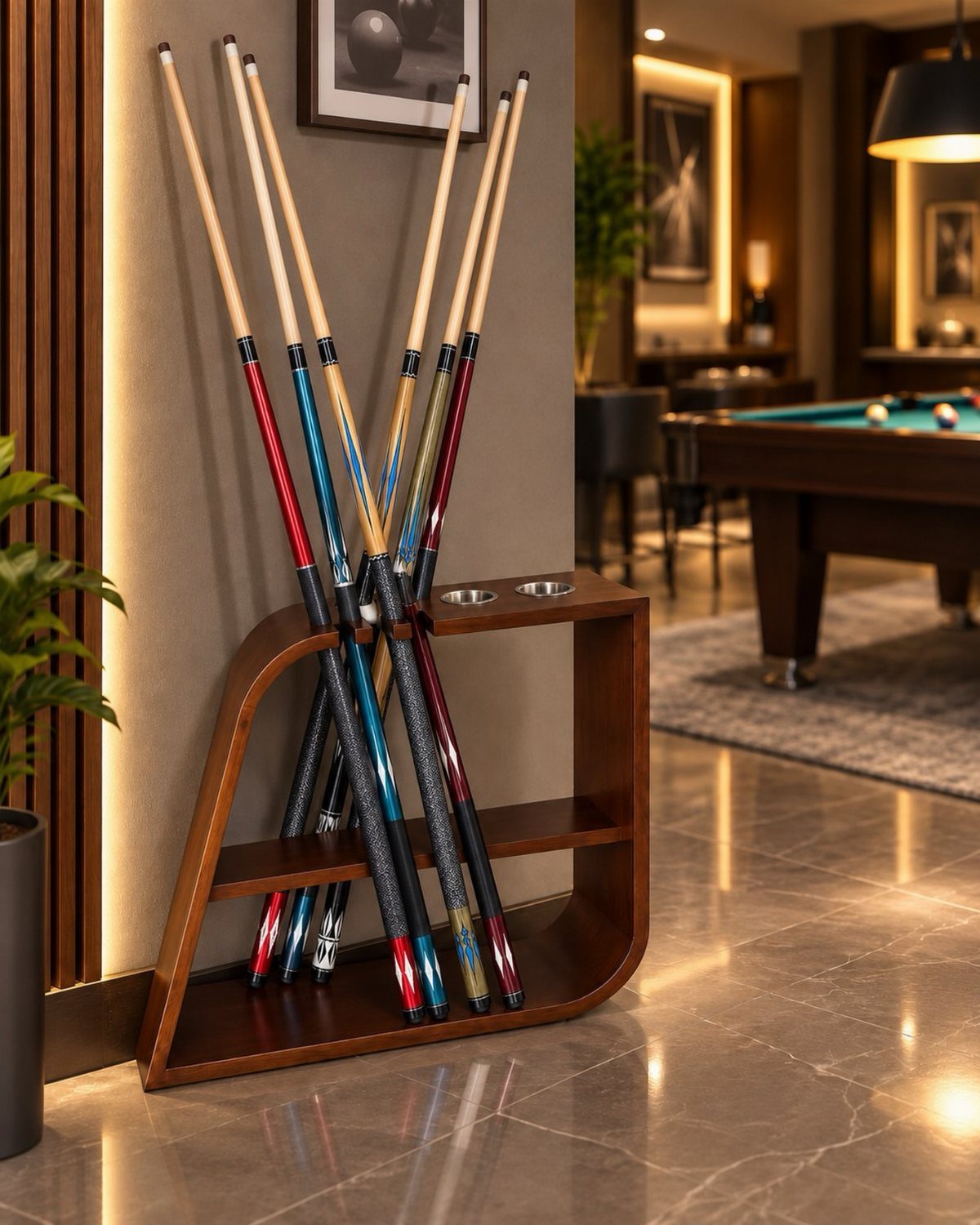 Wooden pool cue rack holding multiple cues in a luxury game room setting.