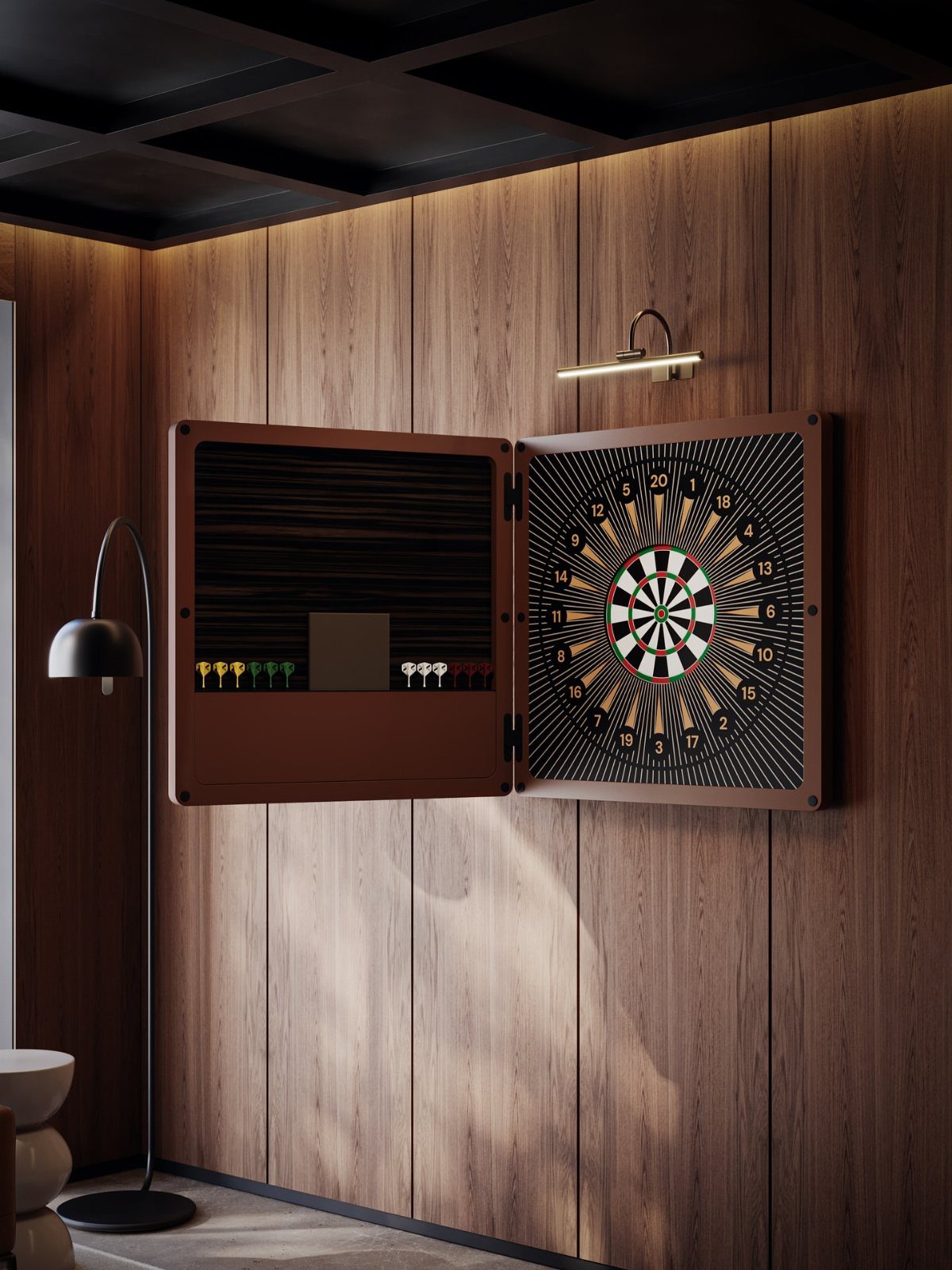 Wall-mounted wooden dartboard cabinet open on a wood-paneled wall with modern lighting.