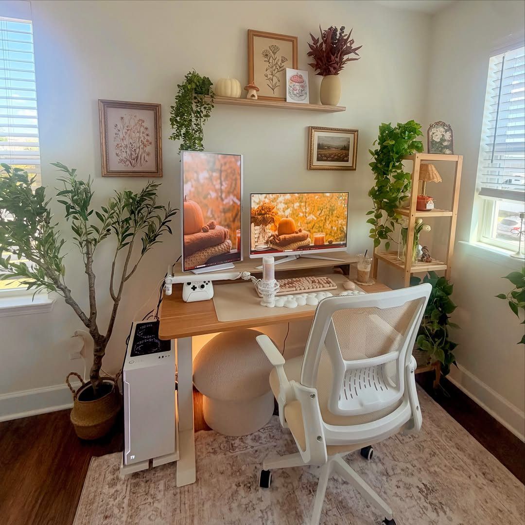 Wooden desk with dual monitors and white chair positioned between two bright windows