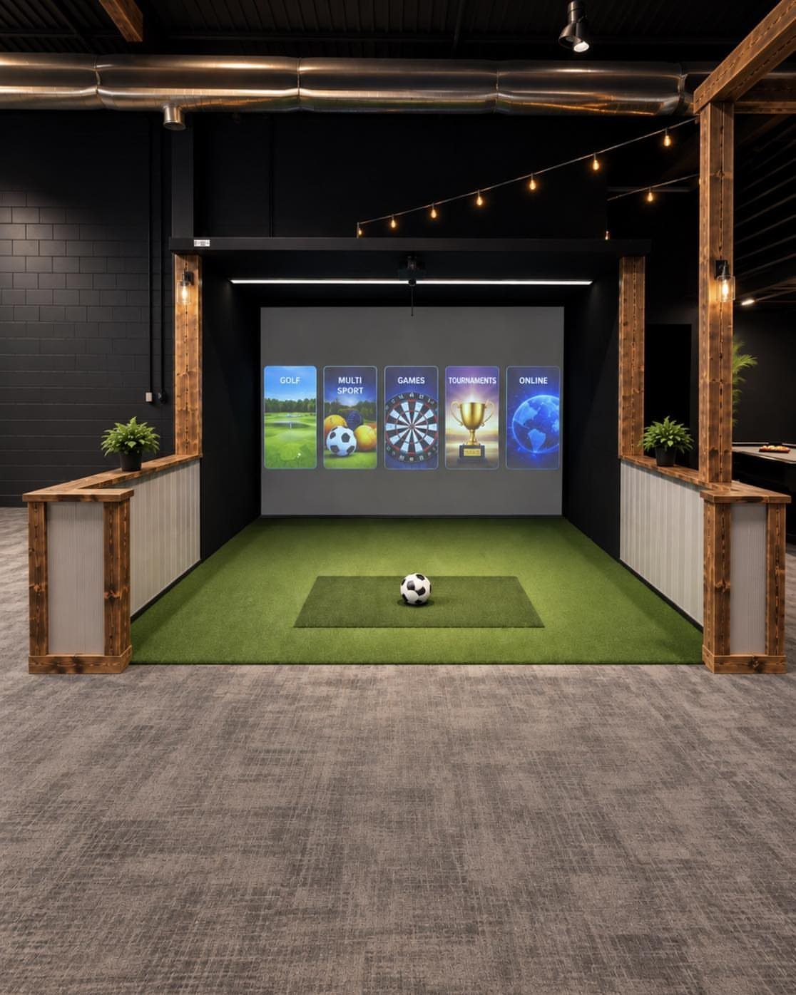 Sports simulator setup with green turf, soccer ball, and digital game selection screen.