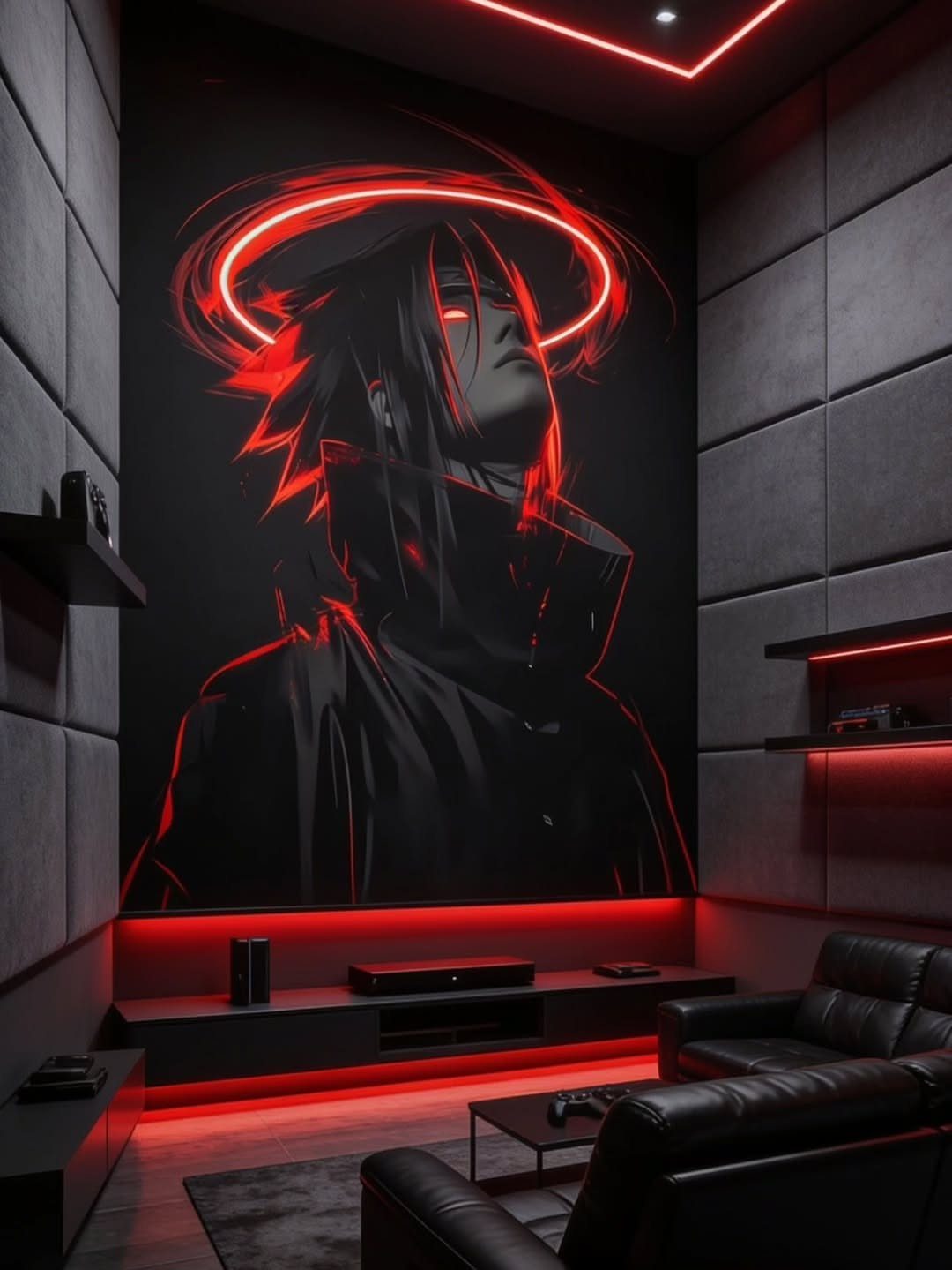 Large anime wall mural with red glowing accents in a dark gaming room